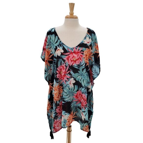 Kona Sol Swimsuit Coverup‎ Womens Size L Tropical Floral Kimono Sleeveless Swim - Picture 1 of 15